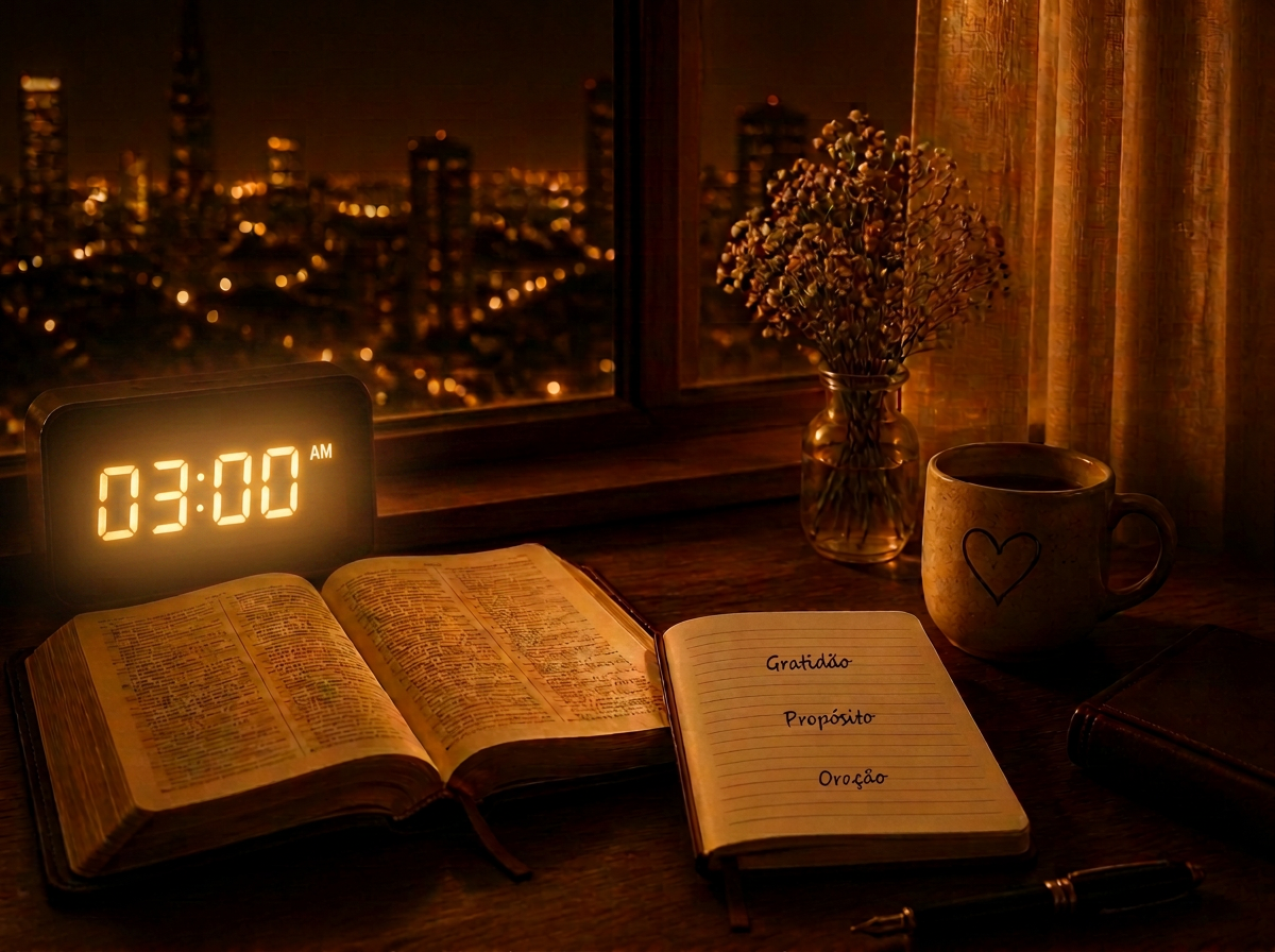 Mesa de madrugada com Bíblia aberta, relógio marcando 03:00 AM, caderno de anotações devocionais, caneca e flores diante da janela com a cidade à noite